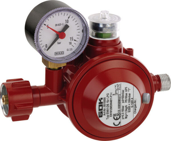 Pressure regulator with thermal shut-off and pressure relief valve - 50 mbar