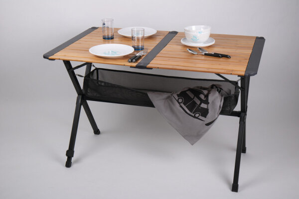 Table en bambou avec filet, table Ã  roulettes, cadre en aluminium foncÃ©