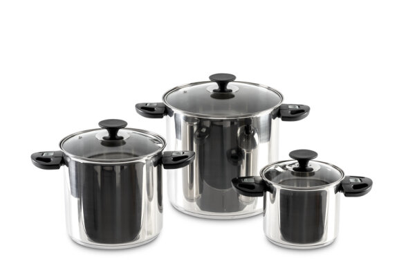 Camp4 Edelstahl Topfset 6-teilig - Mit abklappbaren Griffen und Glasdeckel