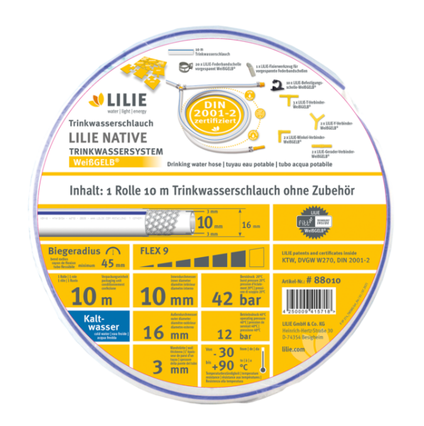 Drinking water hose without accessories, 10 m roll cold water