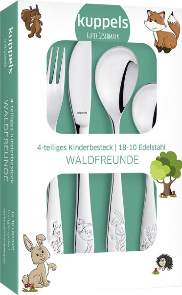 Child. cutl. set Kuppels 4 pc Forest friends Stainless steel, 4 colours Gift wrapping