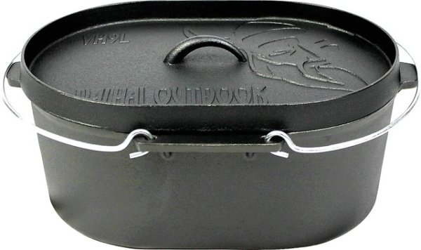 Feuertopf Dutch Oven VALHAL OUTDOOR Gusseisen oval, flacher Boden, Grillmuster Deckel, 9 l