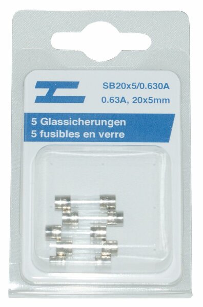 5 fusibles en verre 20x5mm 0,630 A