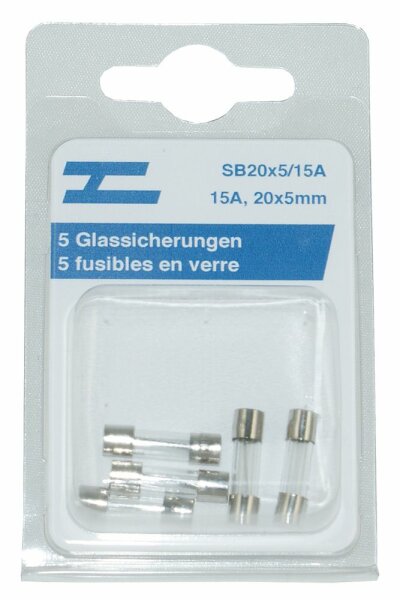 5 Glassicherungen 20x5mm, 15 Amp.