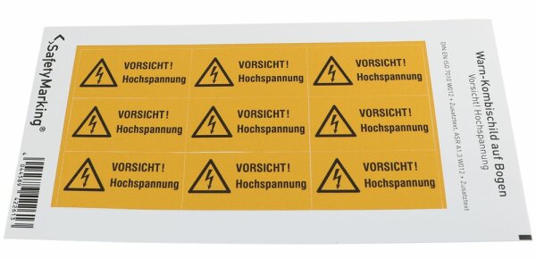 Warnschild VORSICHT! Hochspannung 52 x 26 mm, 12 Stk.