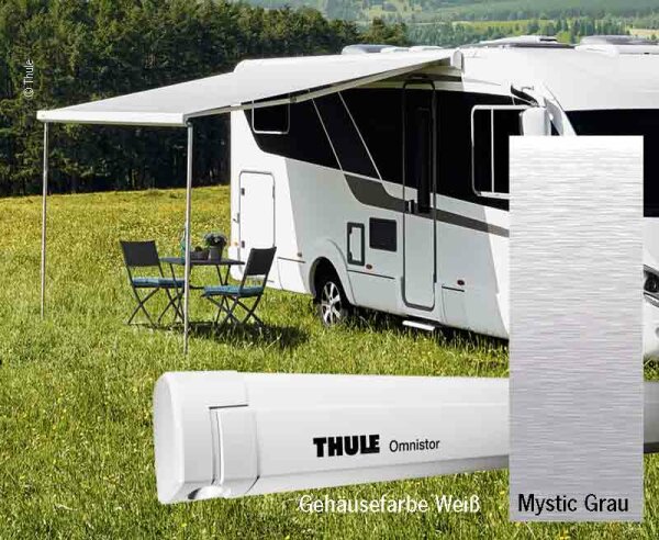 Thule Omnistor Wandmarkise mit Motor, 4,5 m, Gehäuse weiß, Tuch Mystic Grey
